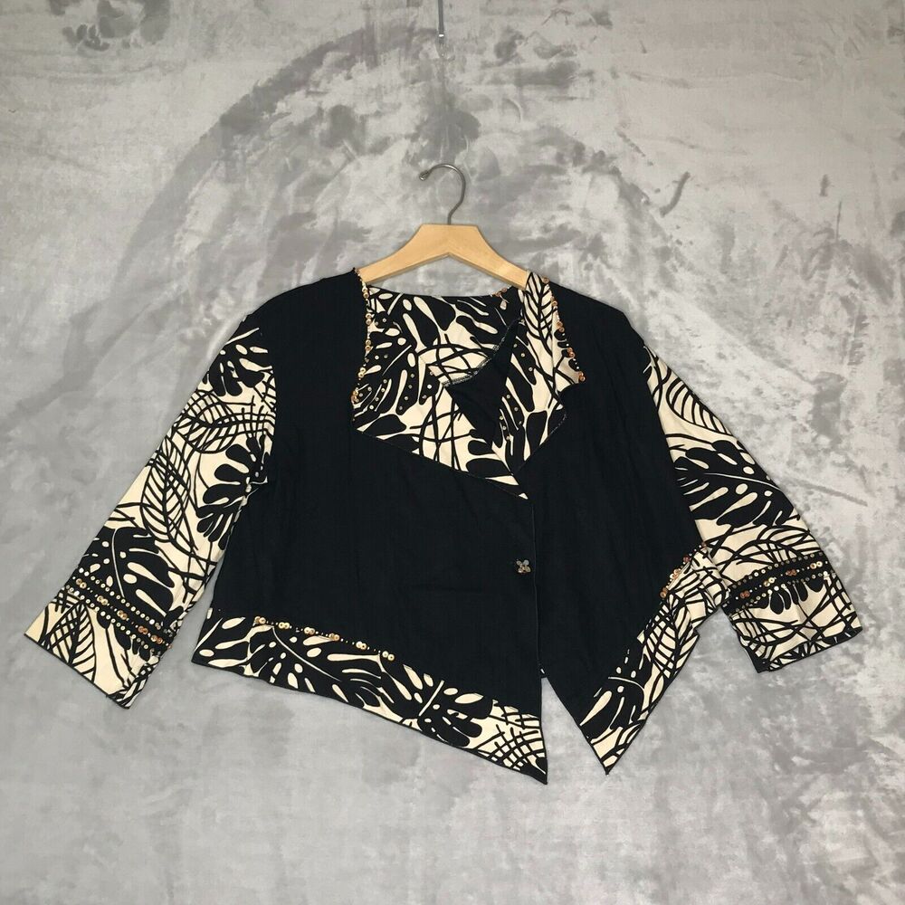 Usindo Jacket Womens Small Black Ivory Crop Asymmetric Beaded Boho Art To Wear